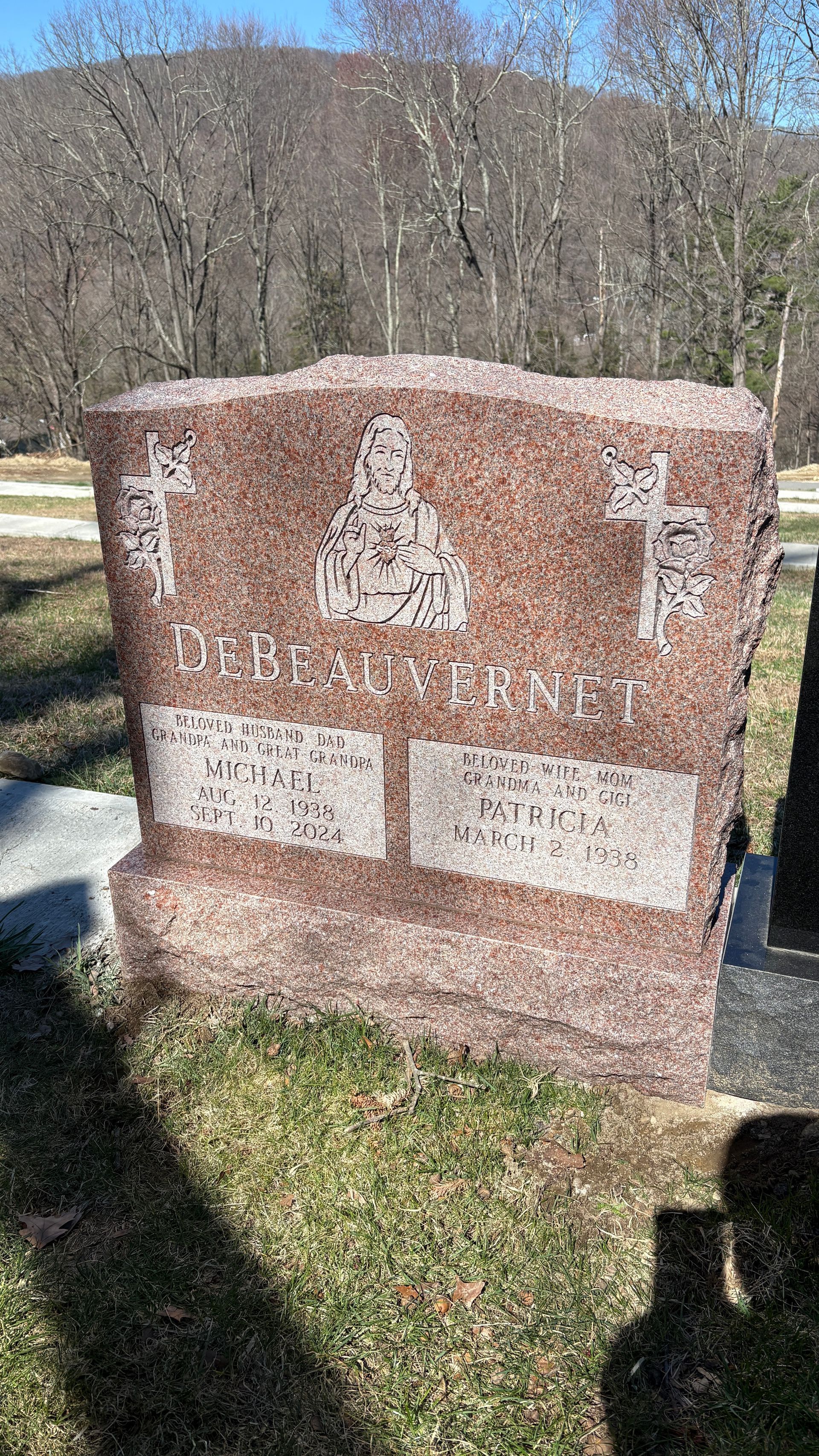 DeBeauvernet North American Pink Double Wide Upright Polished 2 BRP Sides Serp Top Flat Carved Jesus Shape Carved Florals Deep Cut Lettering Outlined Lettering Panels