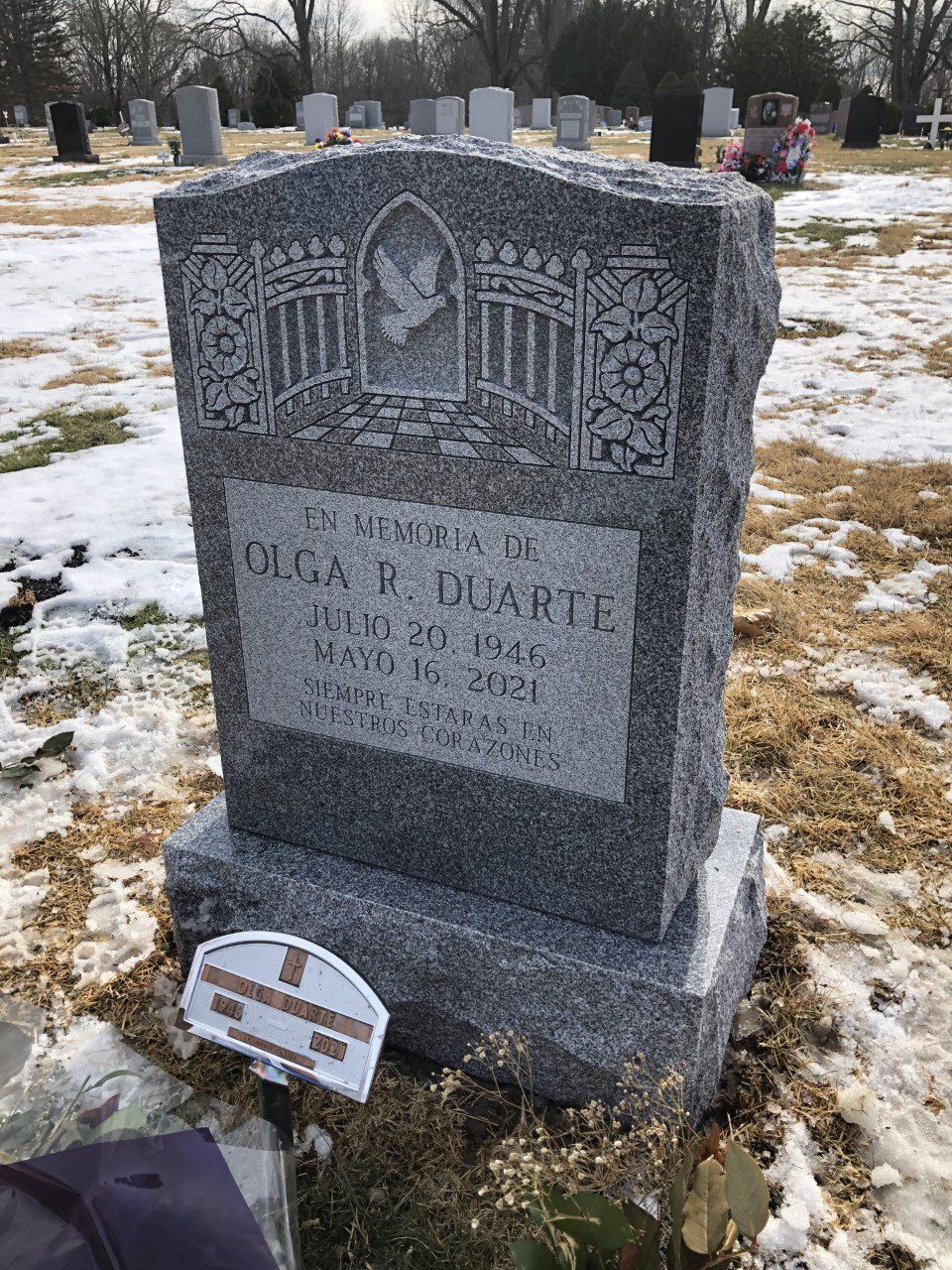 Duarte Barre Grey Polished 2 BRP Sides Serp Top Gates of Heaven Design Spanish Deep Cut Lettering Panels Single Upright