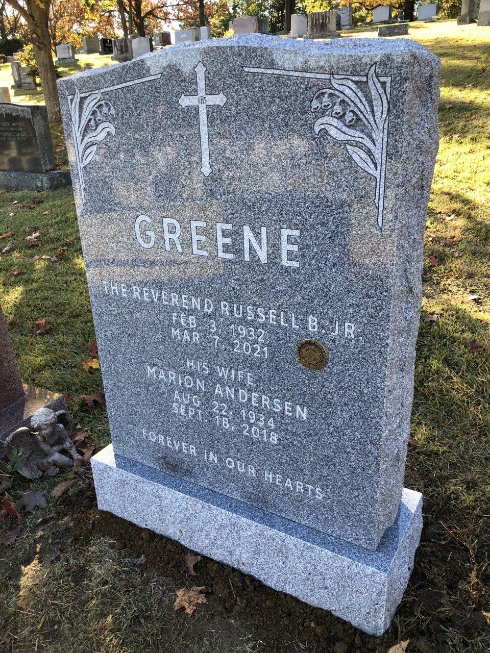 Greene Barre Grey Bronze Emblem Outlined Lettering Flat Catved Designs Single Upright Die Polished 2 BRP Sides Serp Top