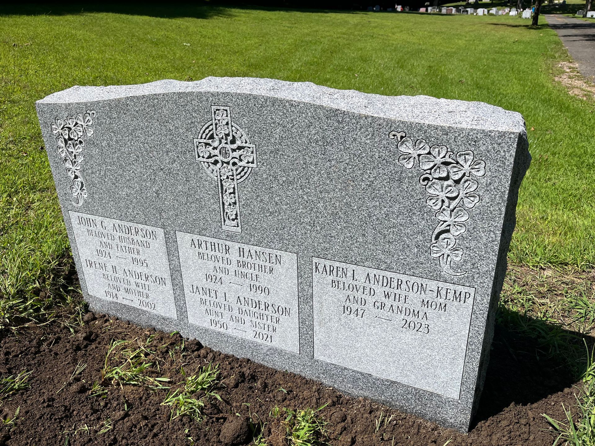 Anderson-Kemp Barre Grey Granite Monolith Shape Carved Design Deep Cut Lettering Serp Top BRP Sides