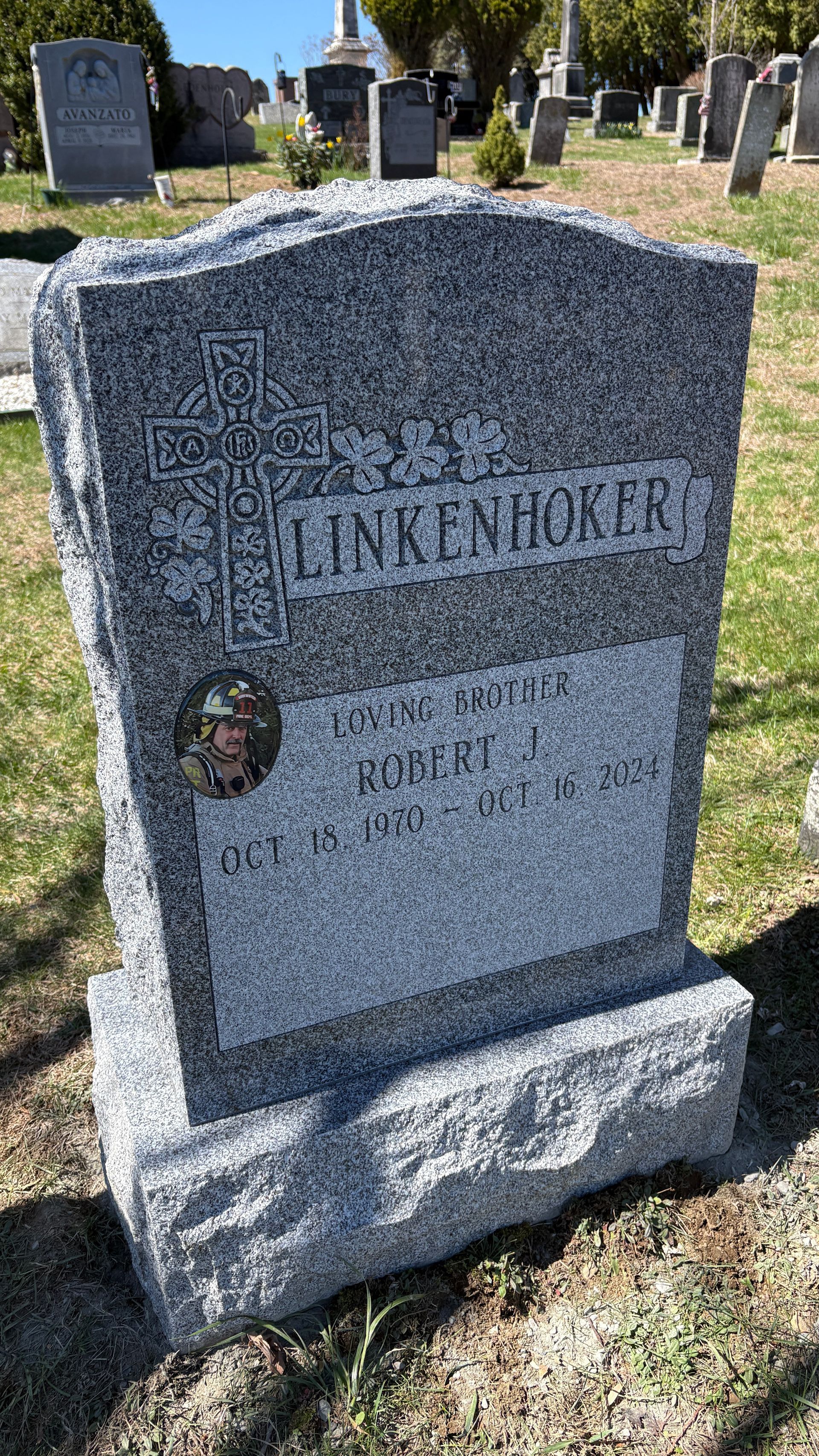 Linkenhoker Barre Grey Polished 2 BRP Sides Serp Top Porcelain Photo Deep Cut Lettering Panels Shape Carved Florals Celtic Cross