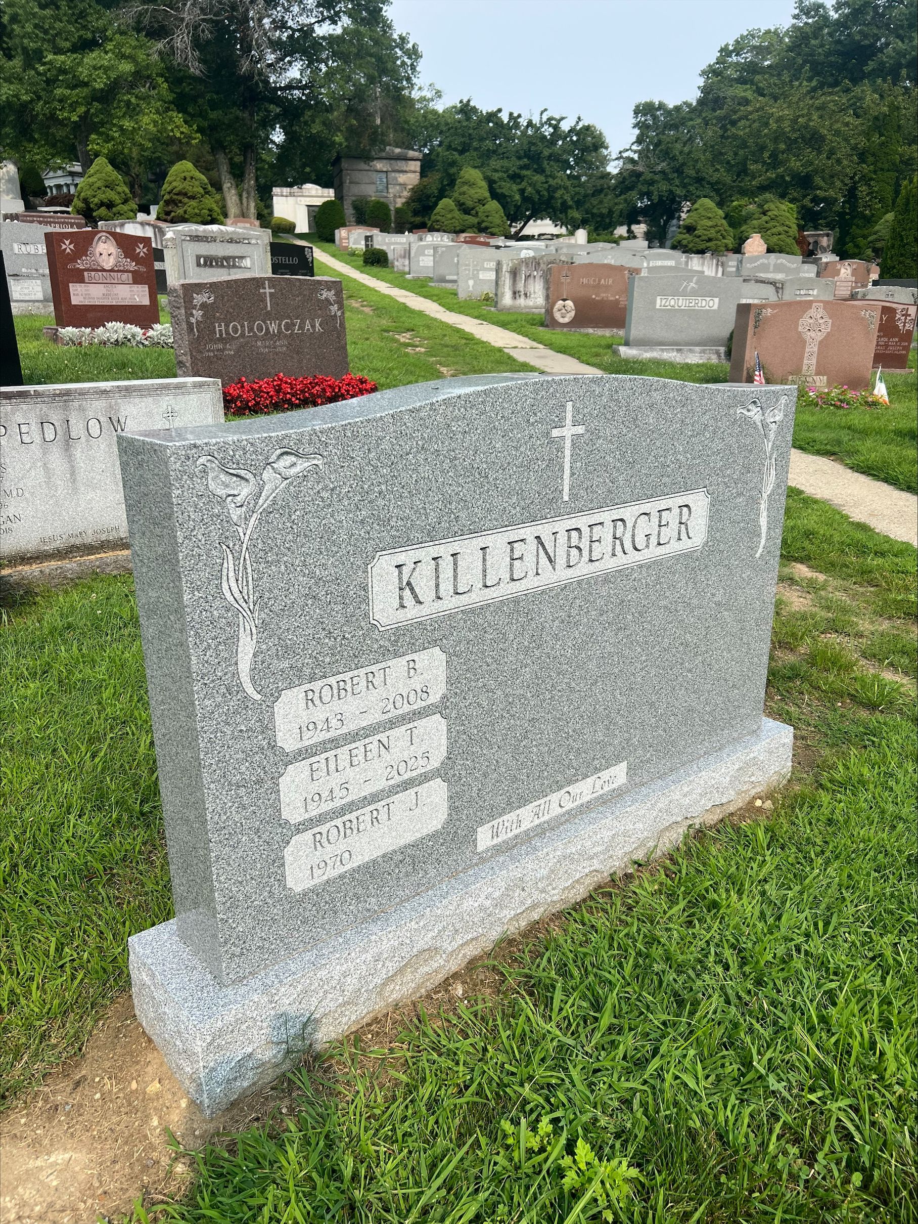 Killenberger Barre Grey Serp Top Double Wide Upright Deep Cut Lettering Scalloped Panel Shape Carved Florals Polished 5