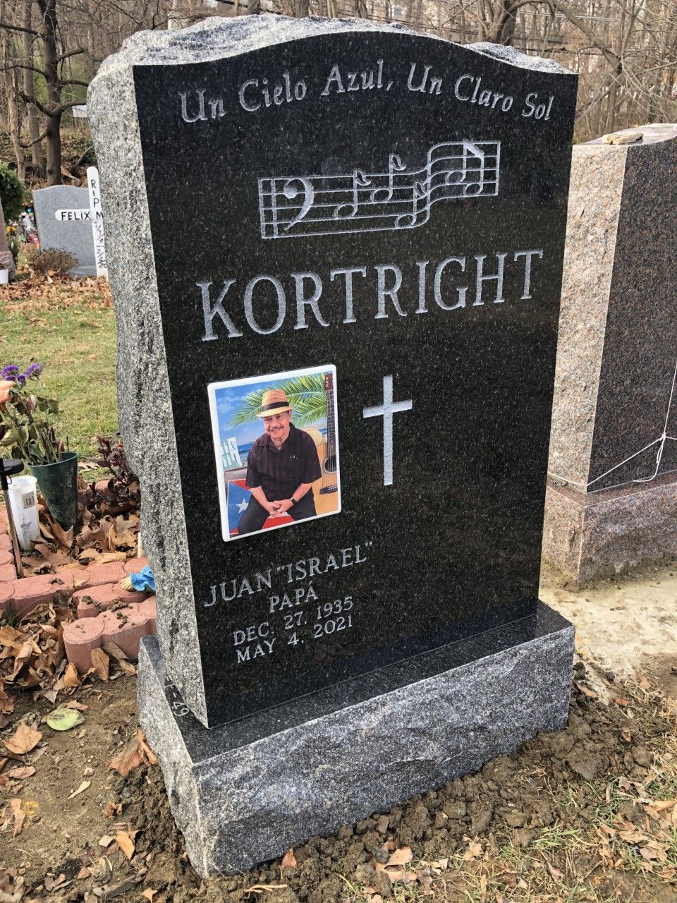 Kortright Jet Black Flat Carved Florals Serp Top Polished 2 BRP Sides Porcelain Photo Skin Frosted Lettering