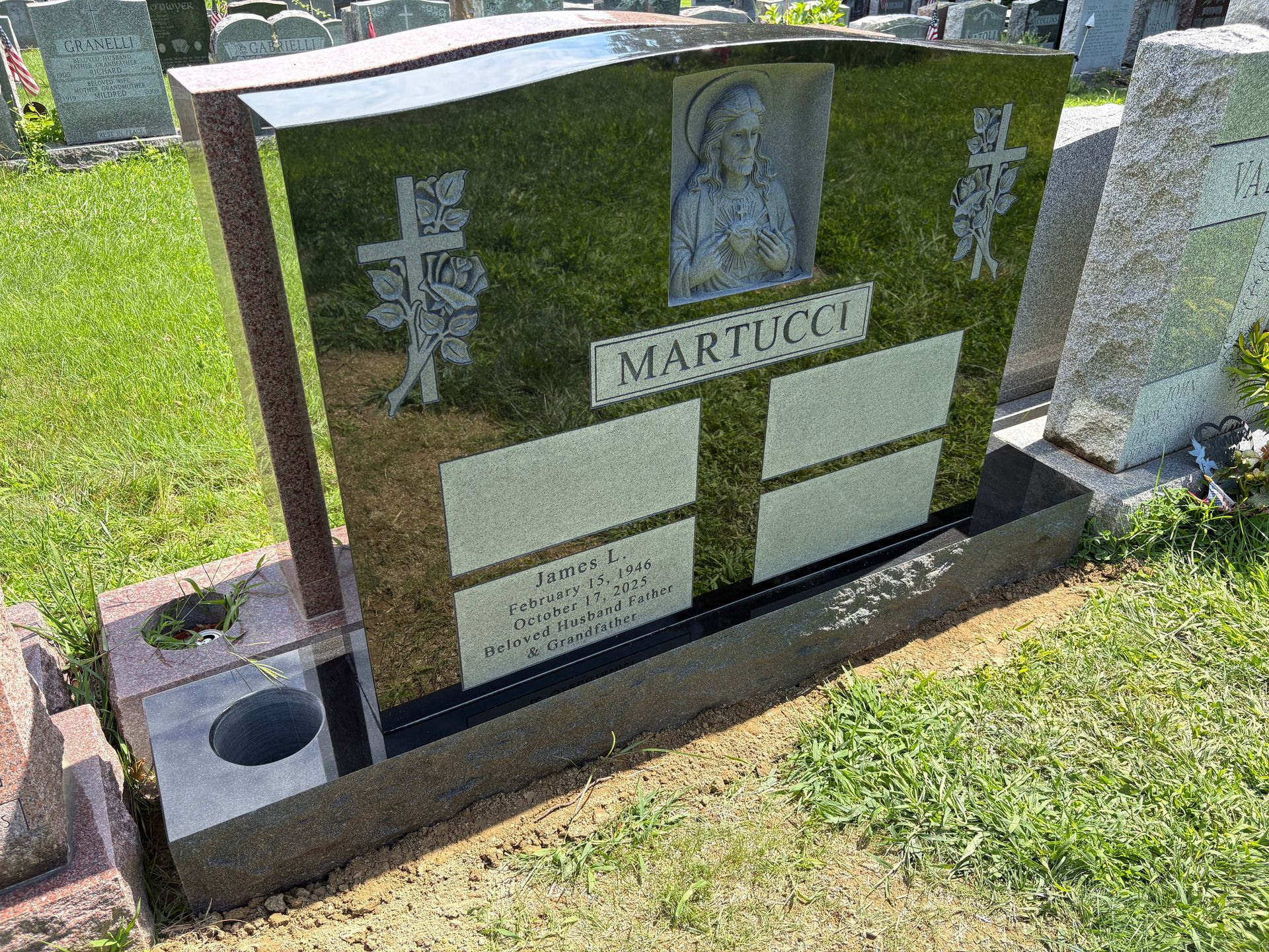 Martucci Polished 5 Etching Carved Statue Jet Black Double Wide Upright Floral Deep Cut Lettering Panels