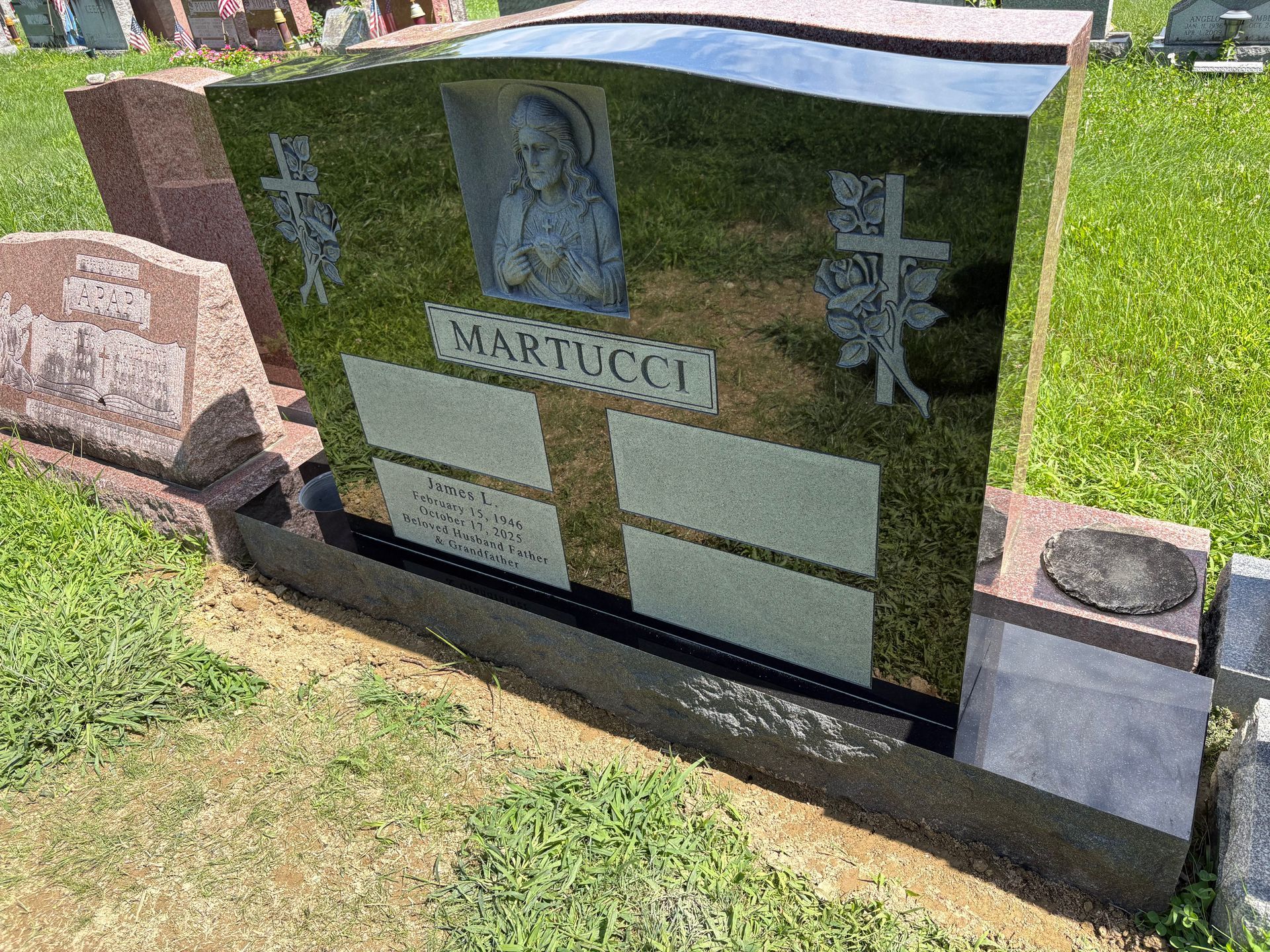 Martucci Polished 5 Etching Carved Statue Jet Black Double Wide Upright Floral Deep Cut Lettering Panels