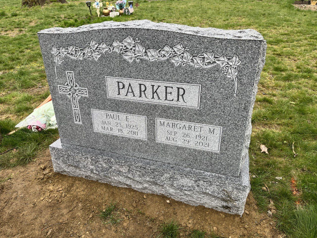 Parker Barre Grey Double Wide Upright Shape Carved Florals Deep Cut Lettering Serp Top BRP Sides Polished 2