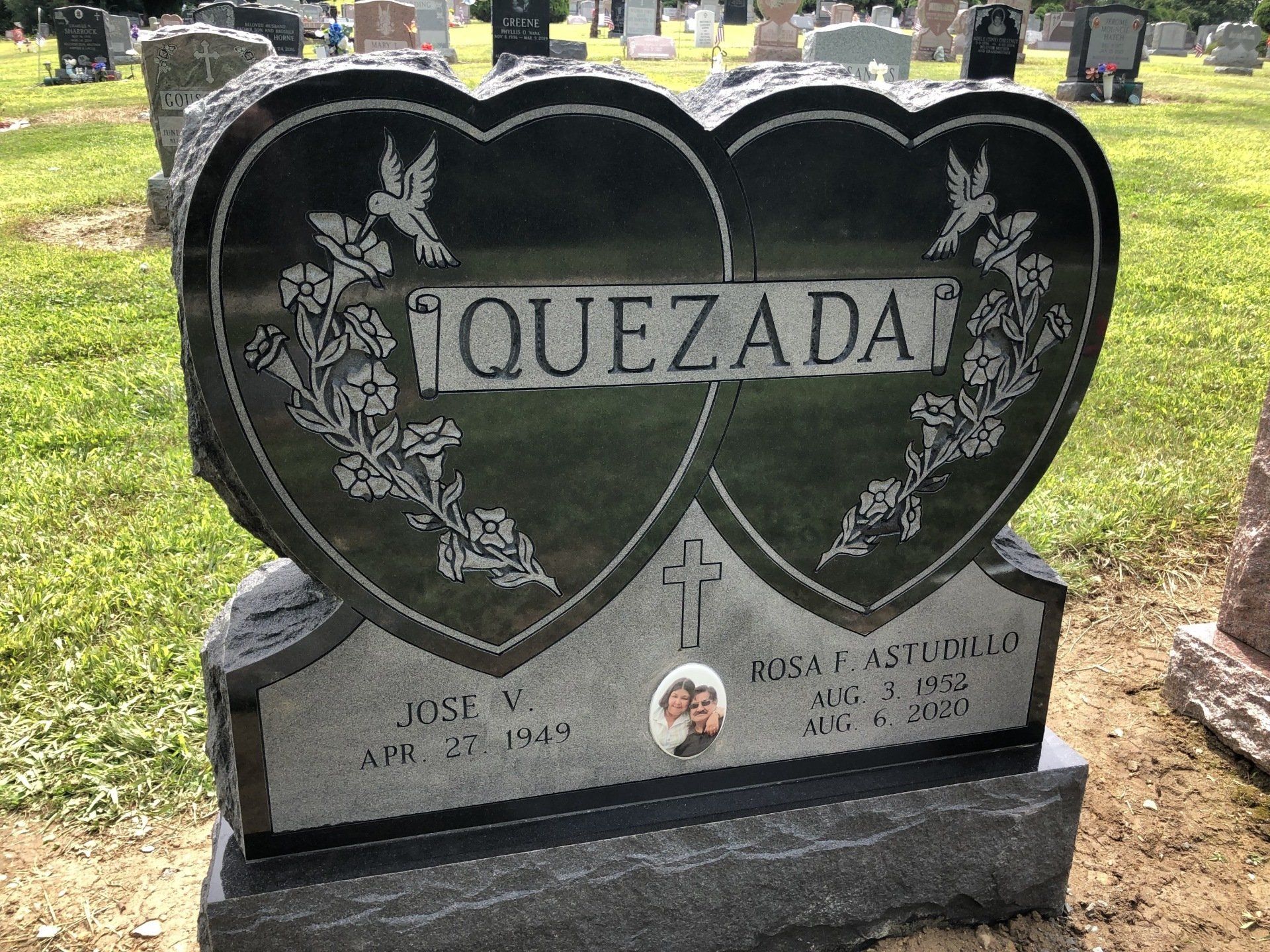 Quezada Impala Black Double Wide Heart Shape Ribbon Panel Shape Carved Florals Deep Cut Cross Deep Cut Lettering Porcelain Photo Polished 2 BRP Sides