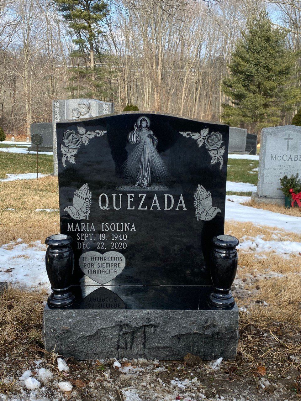 Quezada Jet Black Polished 5 Serp Top Single Upright Vase Etching Deep Carved Florals Flat Carved Designs Skinfrosted Lettering Deep Cut Lettering Heart Panels