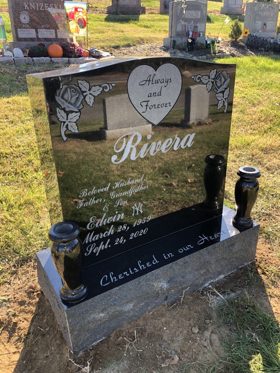 Rivera Jet Black Polished 5 Skin Frosted Lettering Flat Carved Heart Deep Carved Roses Vases Lettering on Base