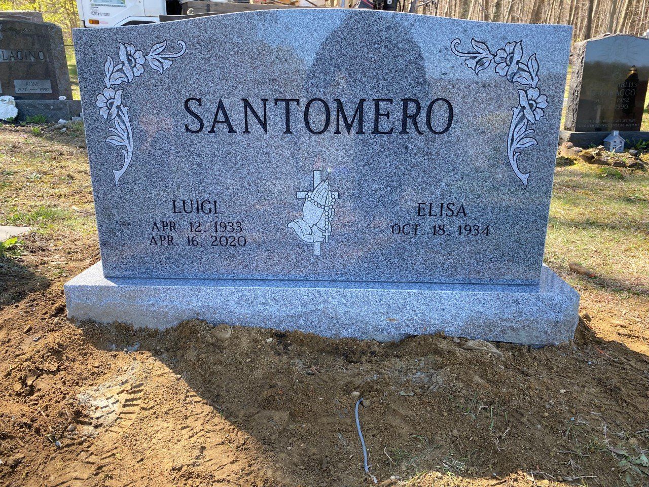 Santomero  Barre Grey Polished 5  Shaped Carved Florals Deep Cut Lettering Black Lithochrome Serp Top Double Wide Upright Die