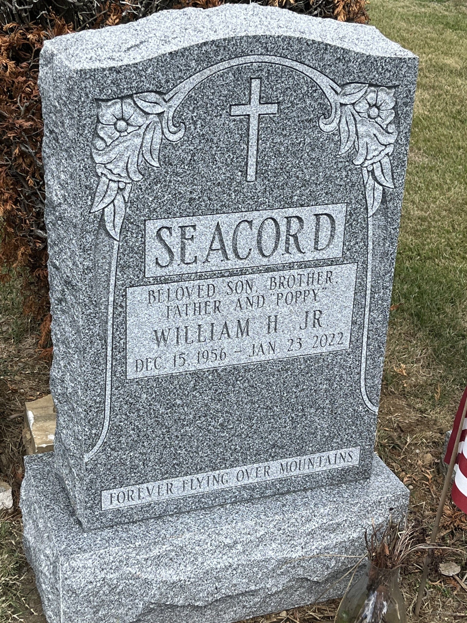 Seacord Barre Grey Shaped Carved Design Single Upright Monument  Deep Cut Lettering Polished 2 BRP Sides Serp Top