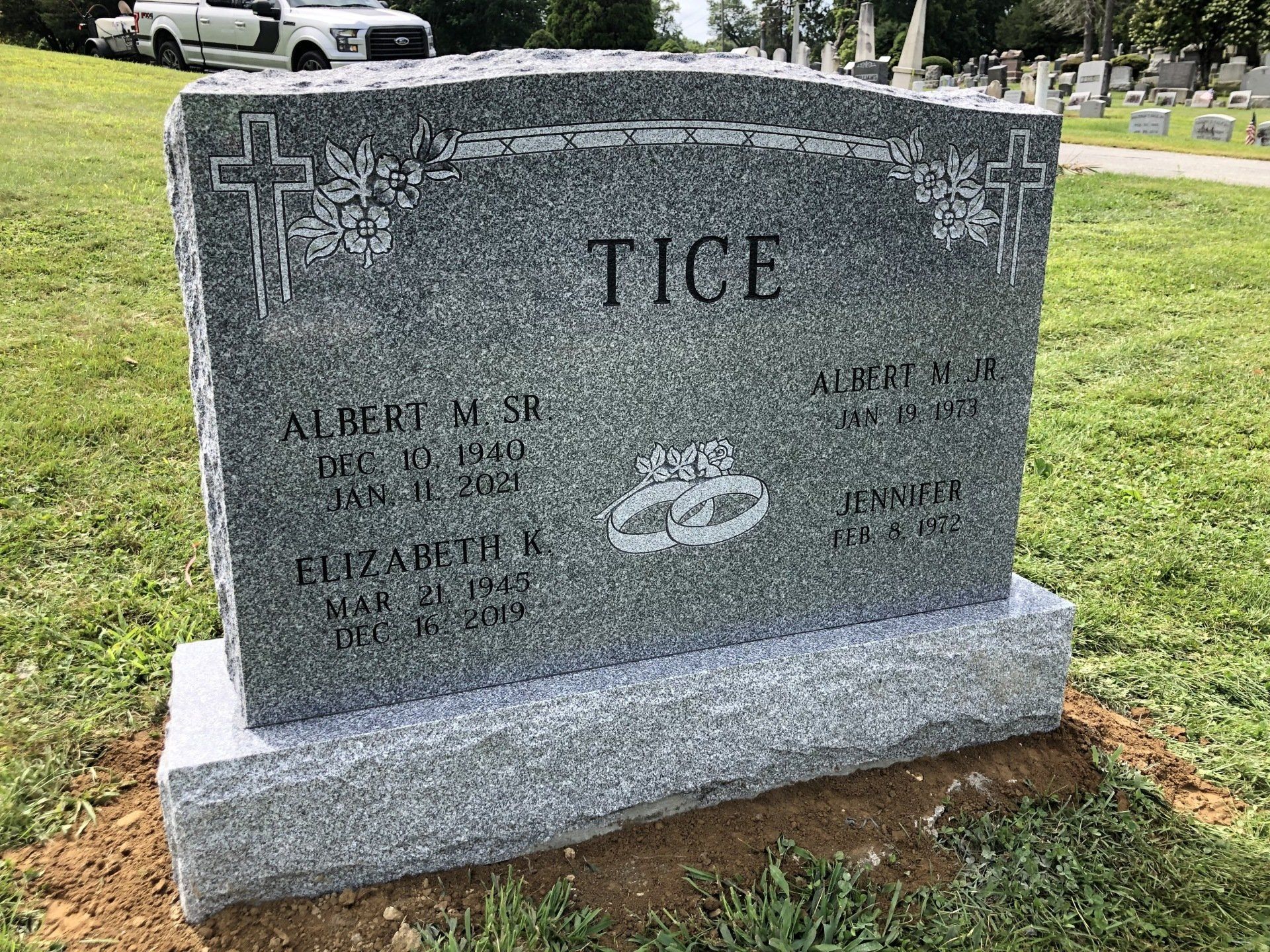 Tice Barre Grey Double Wide Upright Die Deep Cut Lettering Shape Carved Designs Black Lithochrome Polished 2 BRP Sides Serp Top
