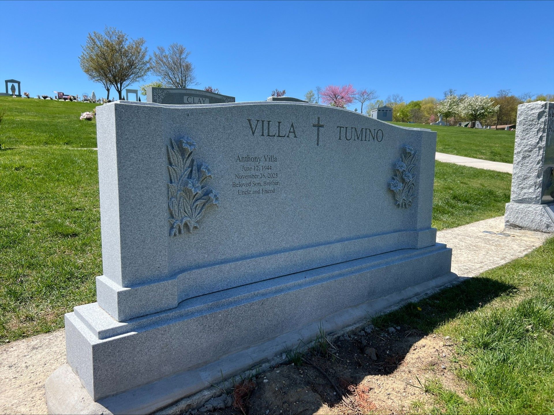 Tumino Barre Grey Granite Shape Carved Raised Florals Deep Cut Lettering Serp Top Steeled 5