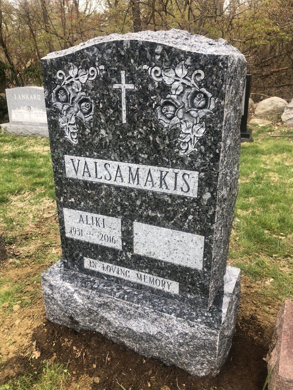Valsamakis Blue Pearl Single Upright Polished 2 BRP Sides Serp Top Deep Carved Floral Panels Deep Cut Lettering
