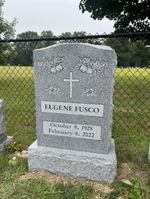 Fusco Barre Grey Granite Shape Carved Florals Deep Cut Lettering Serp Top Polished 2 BRP Sides