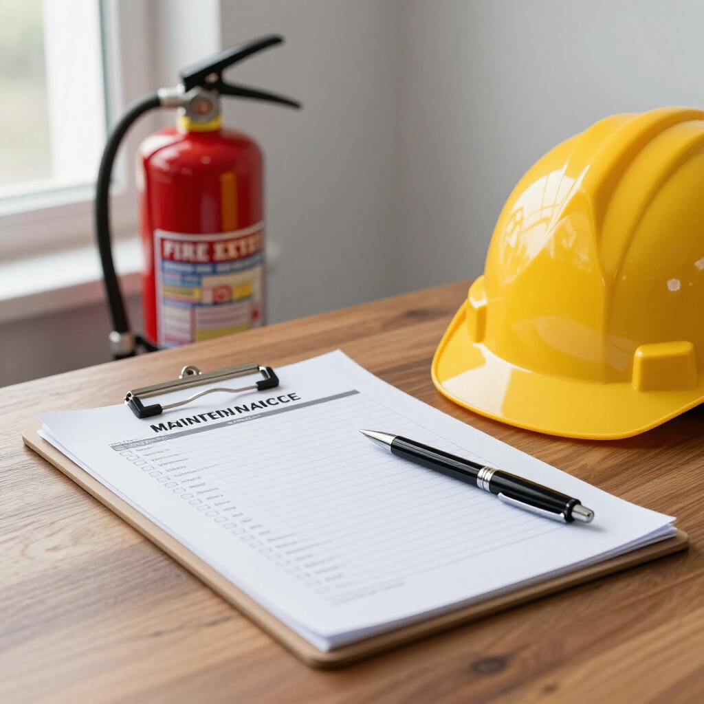 Clipboard checklist with pen, yellow hard hat, and red fire extinguisher on a desk.