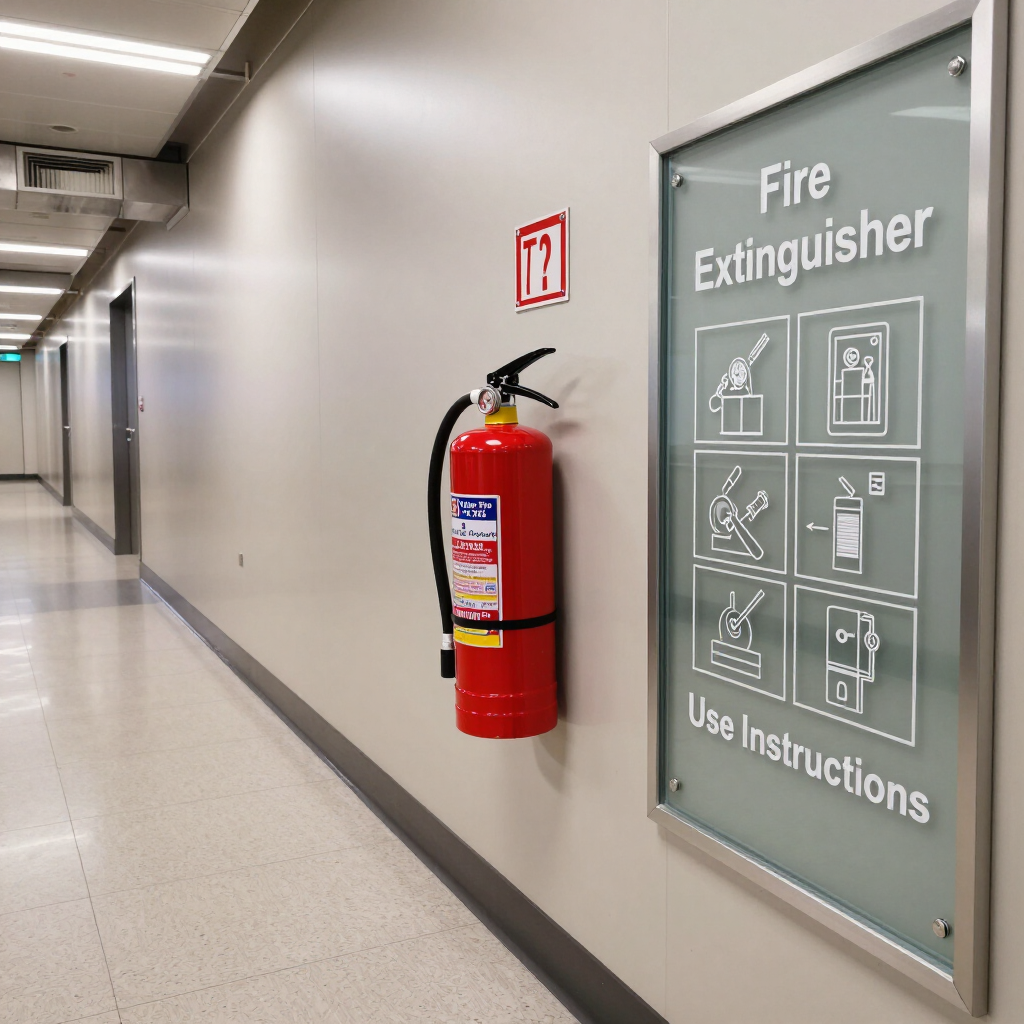 Hallway wall with a red fire extinguisher beside a fire extinguisher instruction sign