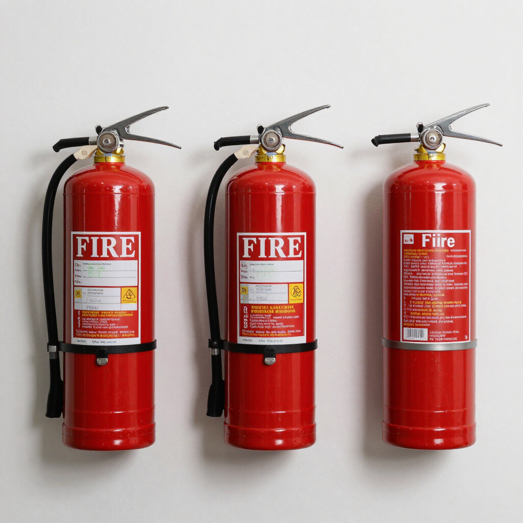 Three red fire extinguishers standing side by side on a light background.