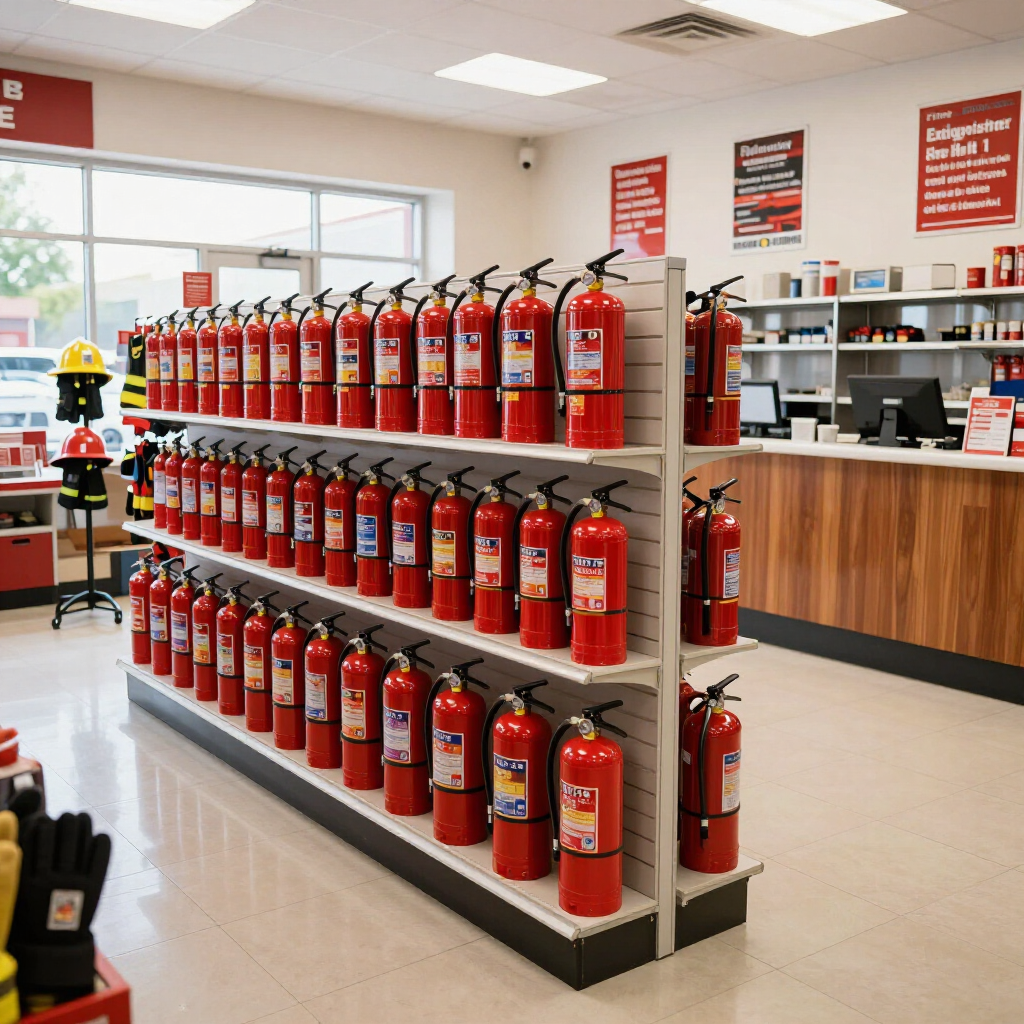 Store aisle with rows of red fire extinguishers on shelves in a bright retail space