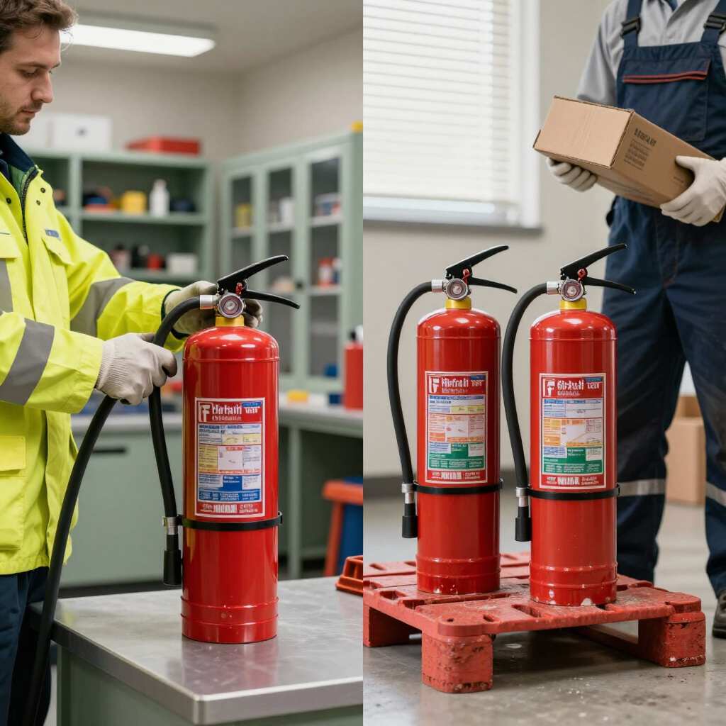 Workers inspect red fire extinguishers in a workshop, one on a pallet and one being handled.
