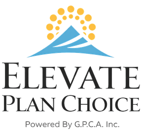 Logo: Blue mountain with yellow sunburst, "Elevate Plan Choice" text, "Powered By G.P.C.A. Inc."