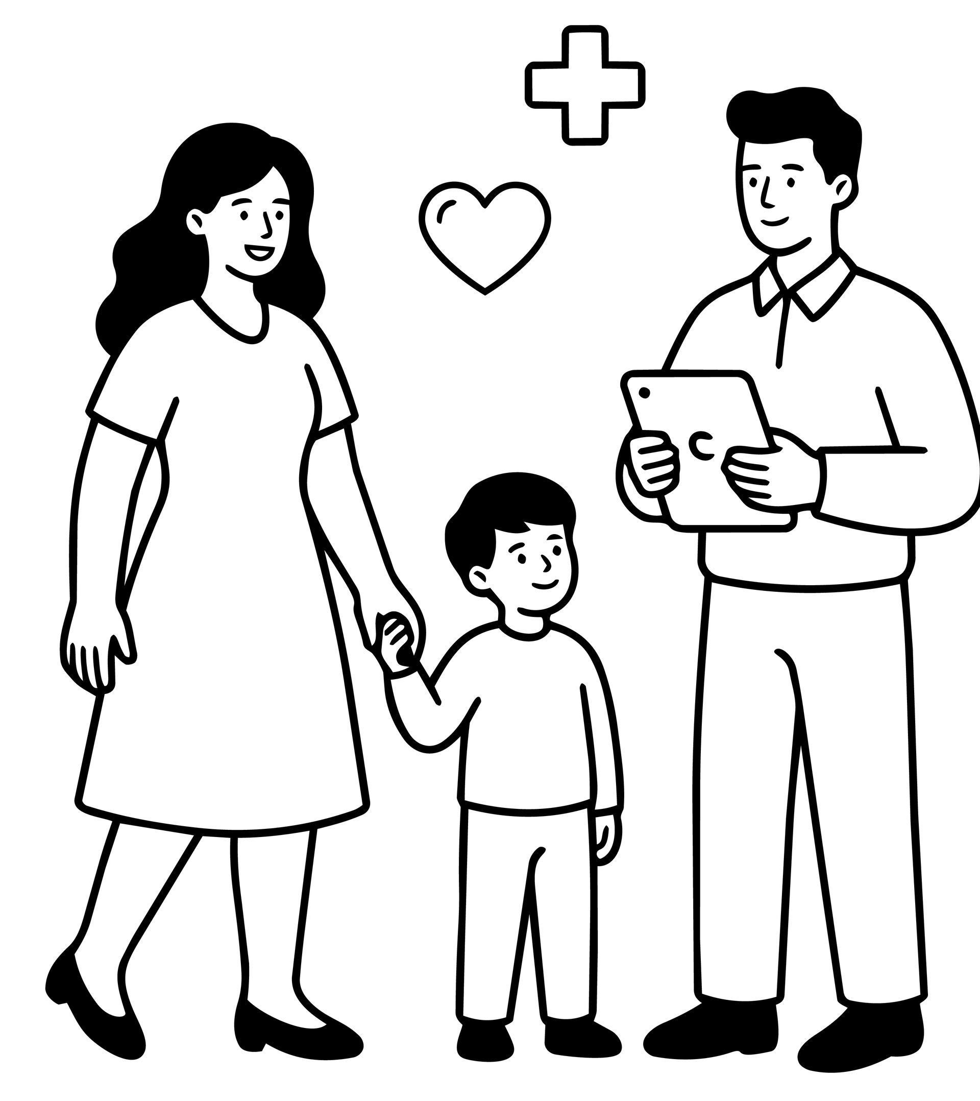Family with a child and a doctor holding a tablet. Medical symbols and walking pose.