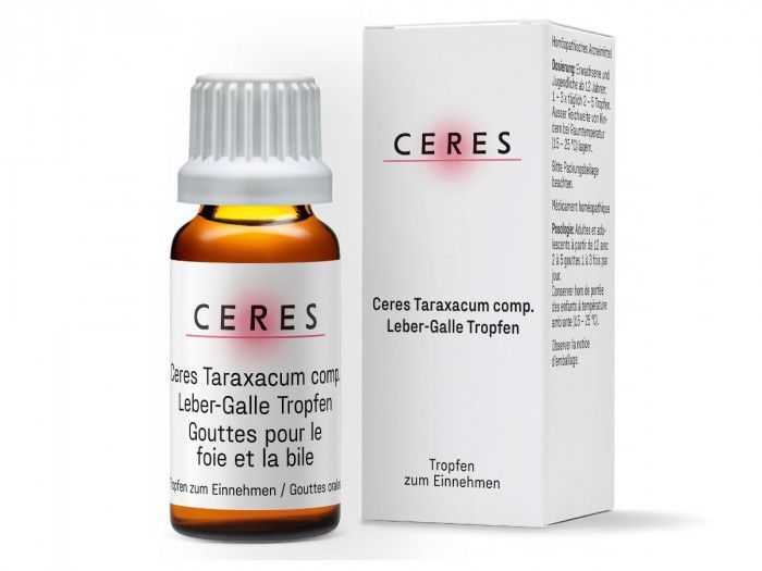 Flasche und Schachtel für Ceres Taraxacum-Tinktur, weisse Verpackung mit bernsteinfarbener Flasche auf weissem Hintergrund