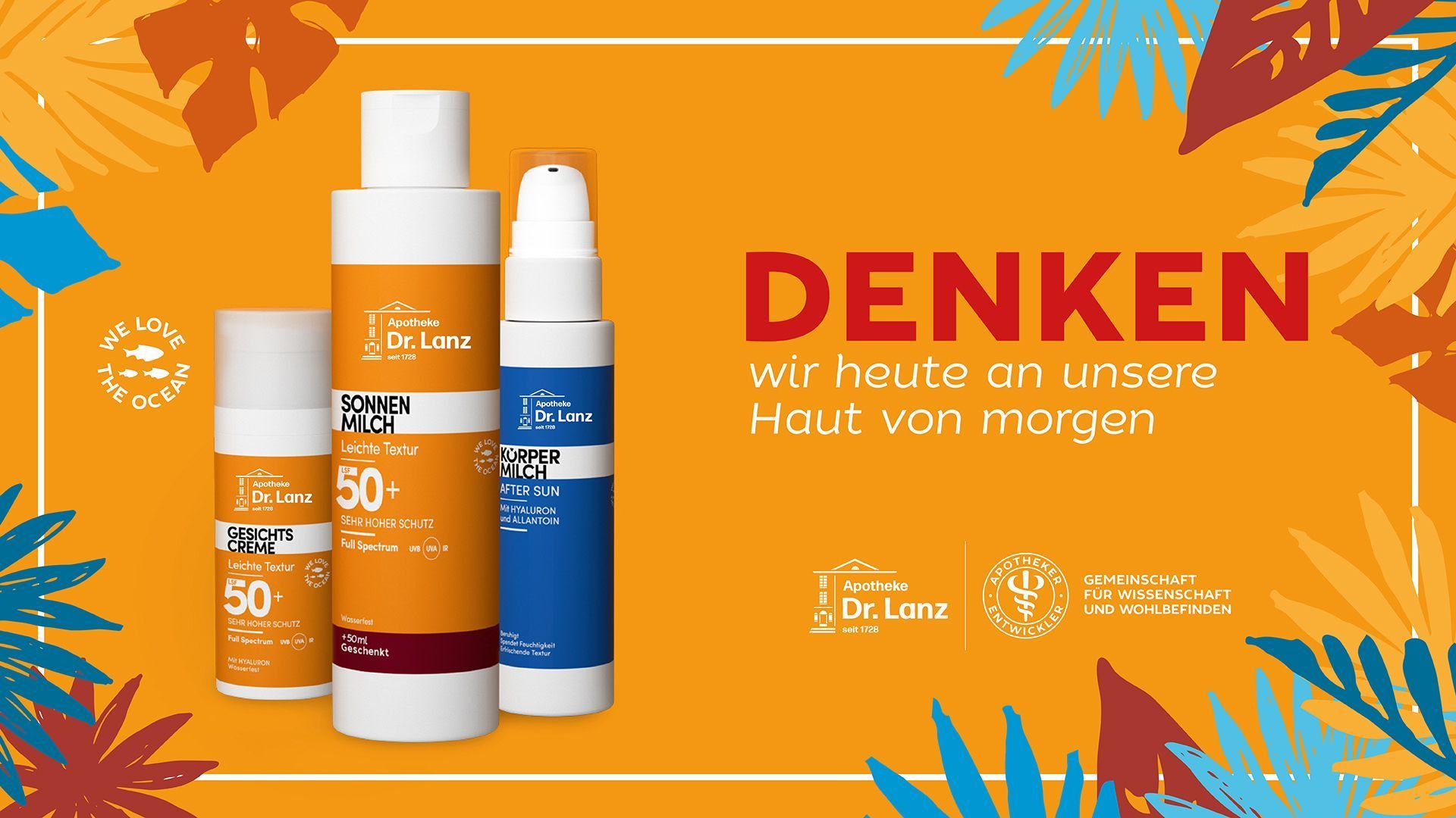 Orange Hautpflegemittel und deutscher Text: «DENKEN wir heute an unsere Haut von morgen.»