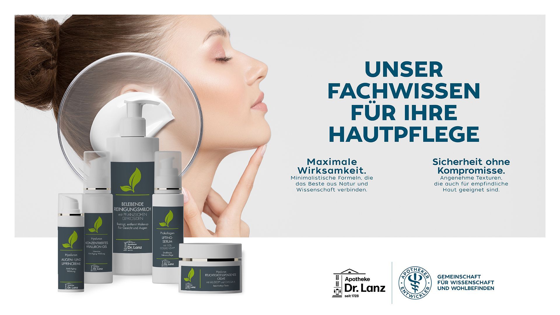Deutsche Hautpflegeanzeige, in der eine Frau die ihr Gesicht berührt, mit blaugrauen Produkten und Werbetext.