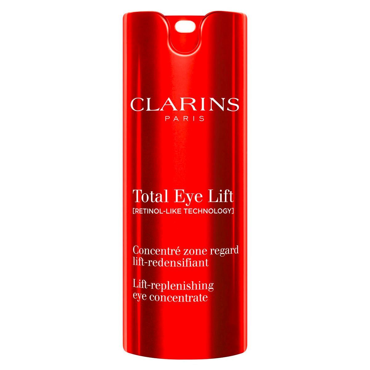Rote Flasche der Clarins Paris Total Eye Lift Augencreme mit weissem Text auf weißem Hintergrund
