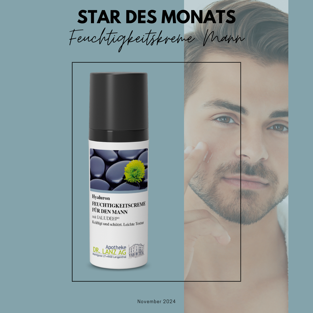 Werbeplakat mit einer Hautpflegeflasche und dem Gesicht eines Mannes auf hellblauem Hintergrund, Titel: „Star des Monats“