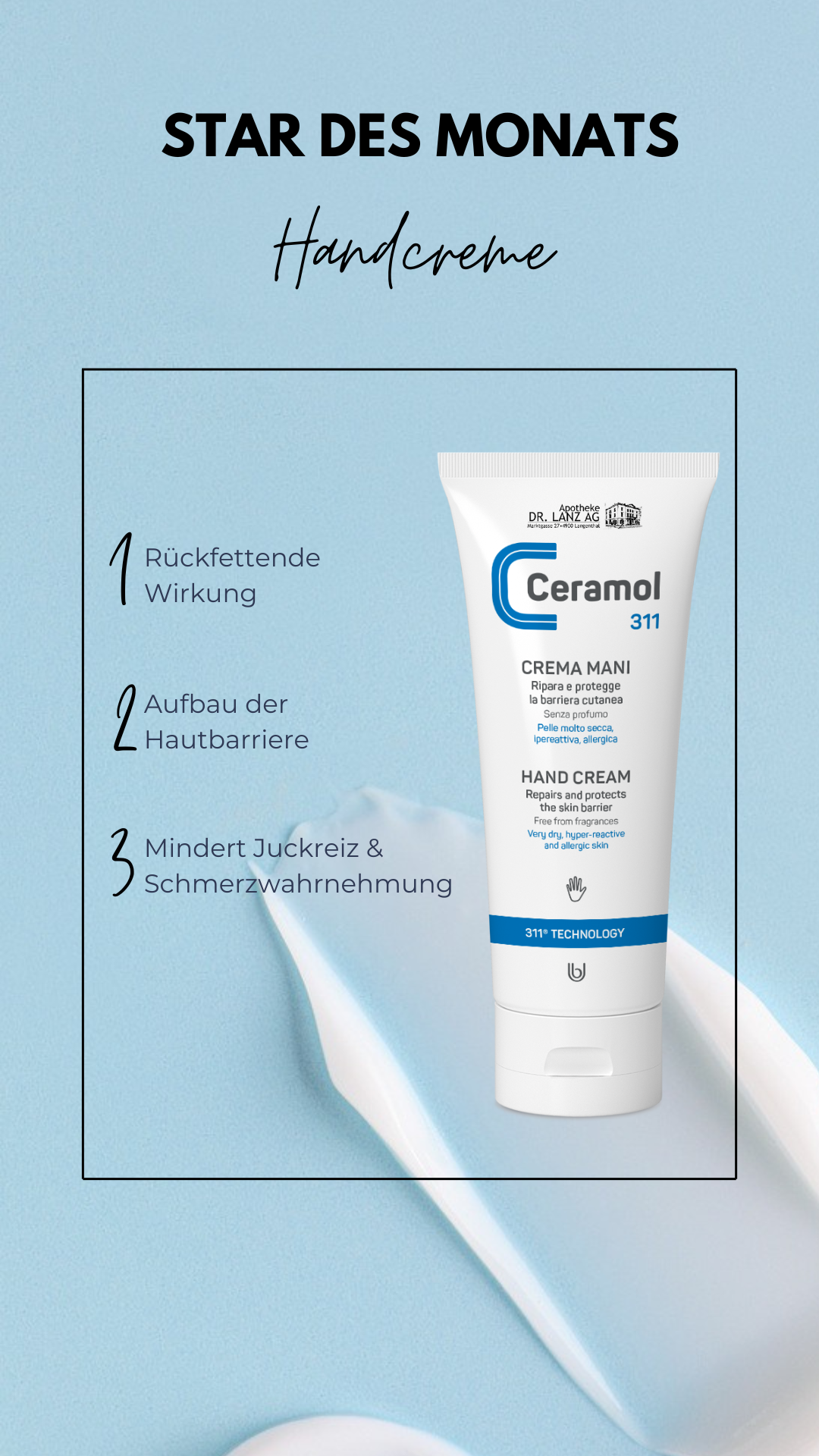 Werbung für Ceramol-Hautpflegeprodukte mit blauem Hintergrund, Cremetube und der Überschrift „Star des Monats“.