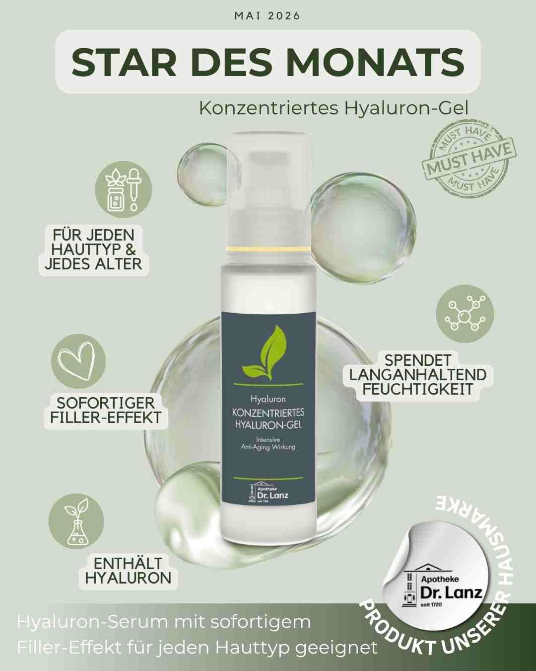 Werbeplakat für Hyaluron-Gel «Star des Monats» mit Flasche und grünen Blasen, weiss-grünem Design