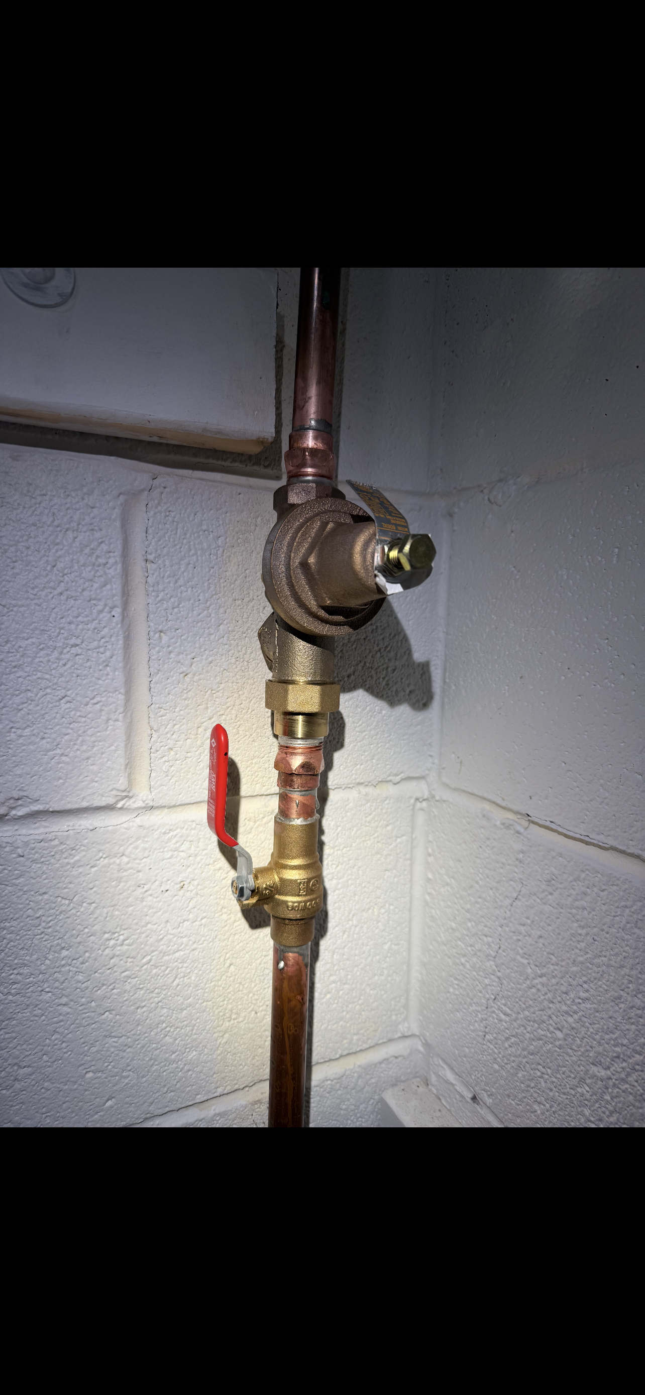 Copper pipe with pressure regulator and a red handled ball valve against a cinder block wall.