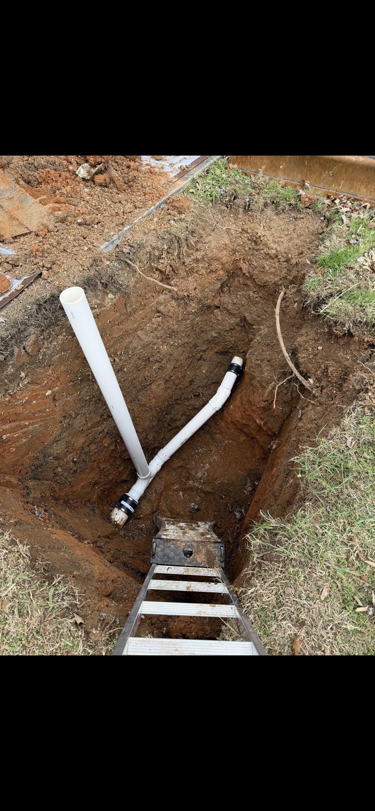 A section of a yard with exposed white pipes in a dug-up hole, near grass and a ladder.