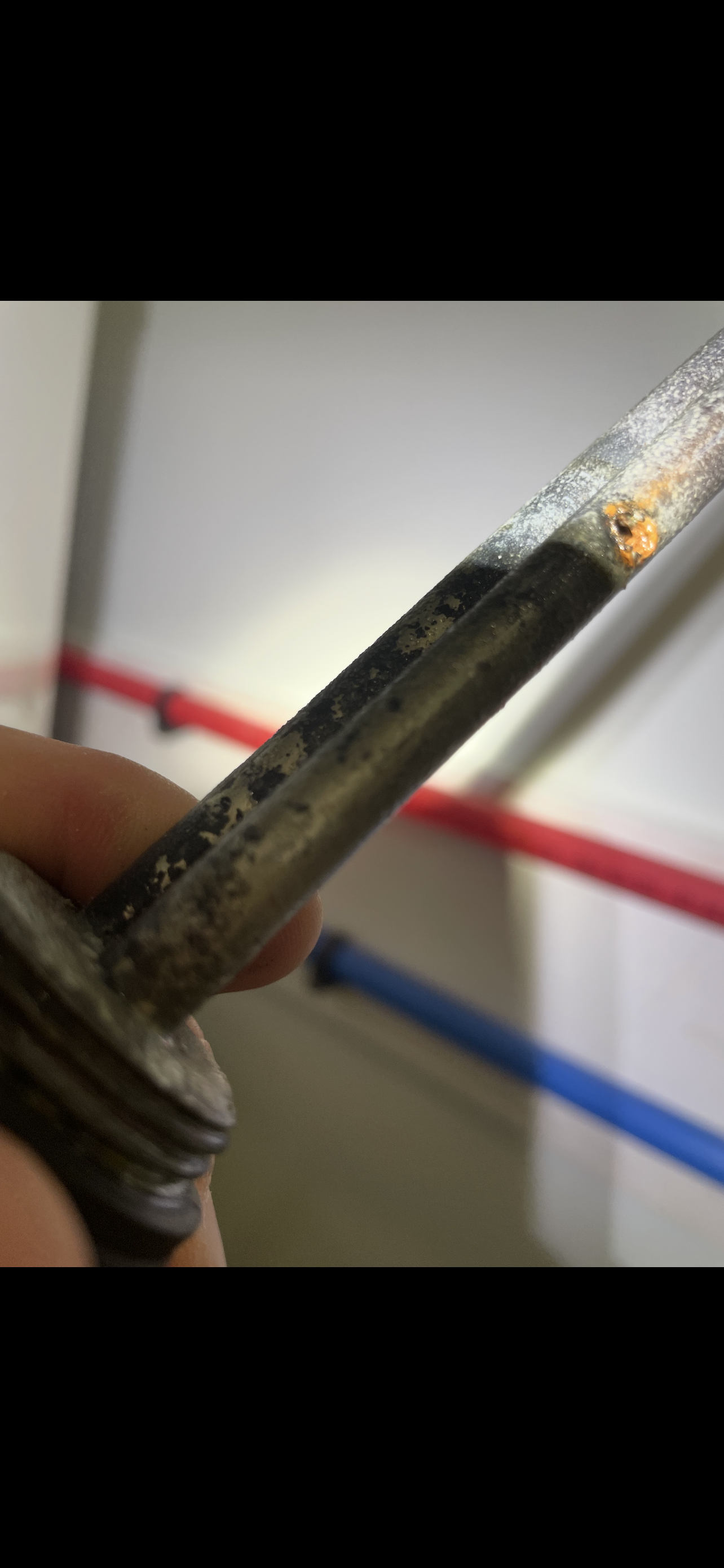 Close-up of a corroded metal pipe being held by a hand near red and blue pipes.