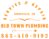 Orange Old Town Plumbing logo. Knoxville, TN. Text: Service & Repair, Old Town Plumbing, and phone number. Arrow.
