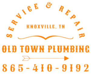 Orange Old Town Plumbing logo. Knoxville, TN. Text: Service & Repair, Old Town Plumbing, and phone number. Arrow.