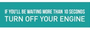 A blue sign that says if you 'll be waiting more than 10 seconds turn off your engine