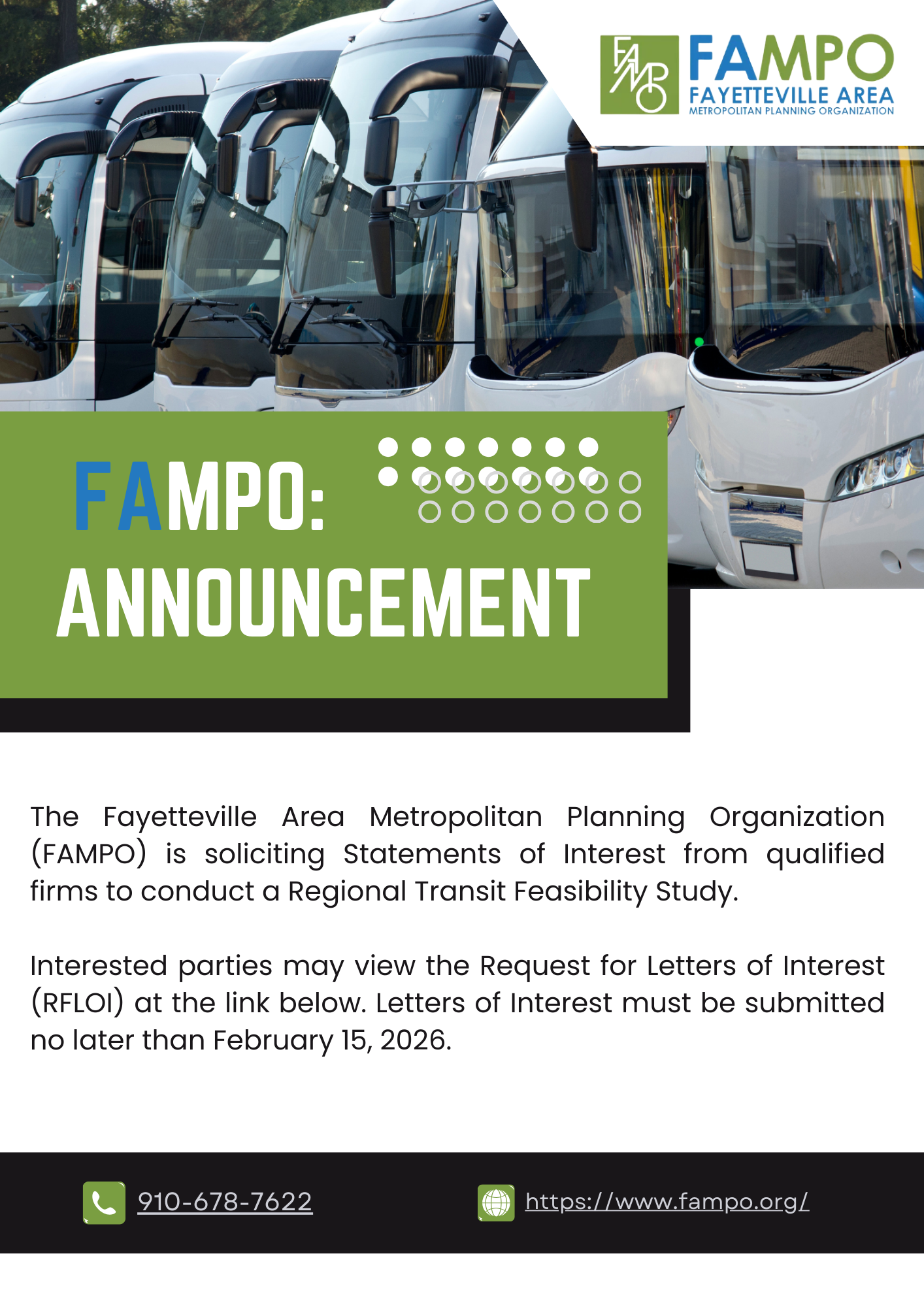 Announcement by Fayetteville Area Metropolitan Planning Organization  about project submittal list; red bus, green text.