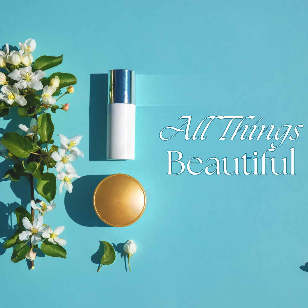White skincare bottle and gold jar with blossoms on a turquoise background. Text reads: