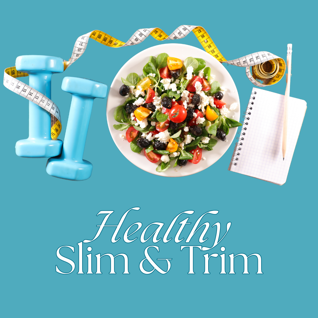 Blue dumbbells, salad, measuring tape, and notebook promoting a