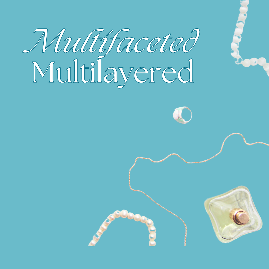 Turquoise background with jewelry (pearl necklace, ring, chain) and perfume, text