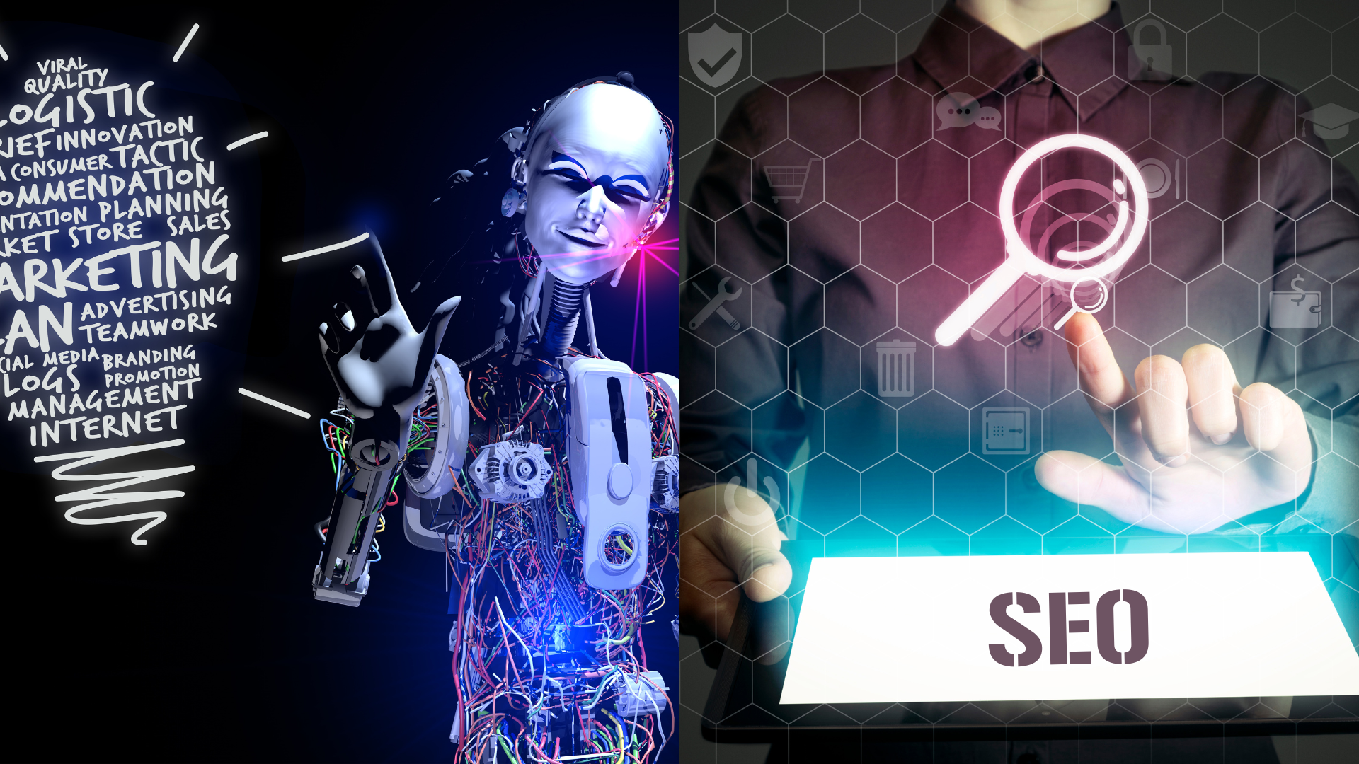 A robot is holding a magnifying glass next to a man holding a tablet.
