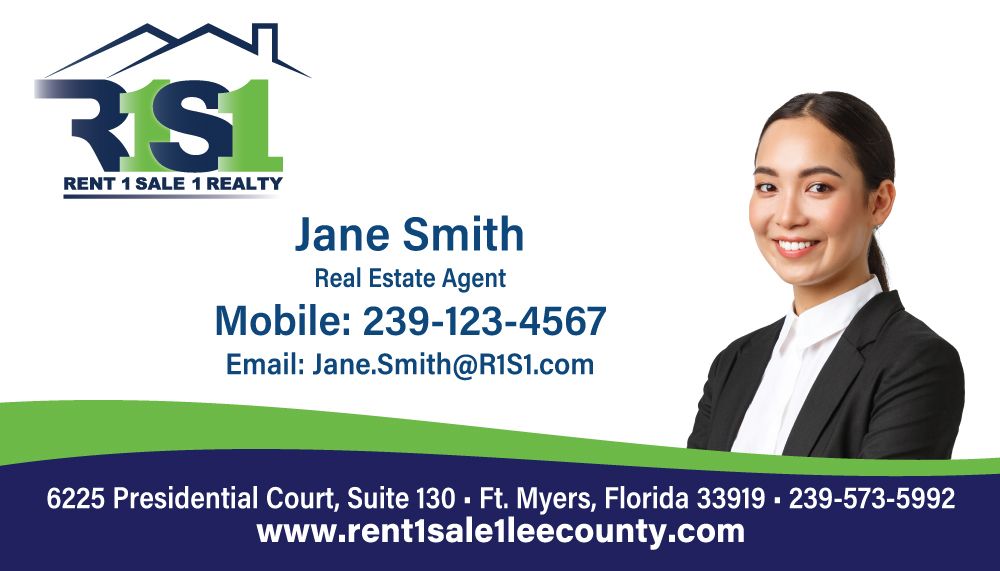 Business card for Jane Smith, a real estate agent. Features her photo and contact info.