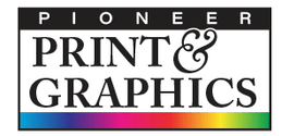 Logo of Pioneer Print & Graphics, black text on white, a rainbow-colored bar below.
