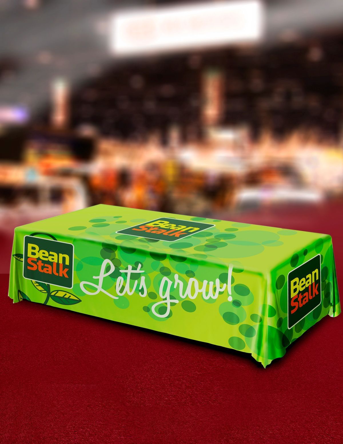 Green Bean Stalk tablecloth on a rectangular table with 