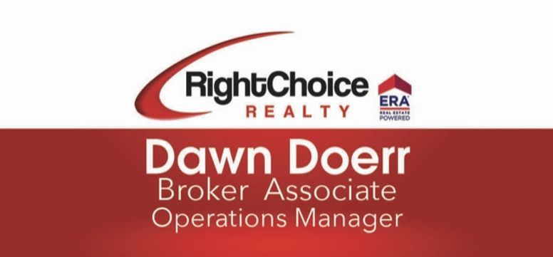 RightChoice Realty business card: Dawn Doerr, Broker Associate, Operations Manager. Red and white design.