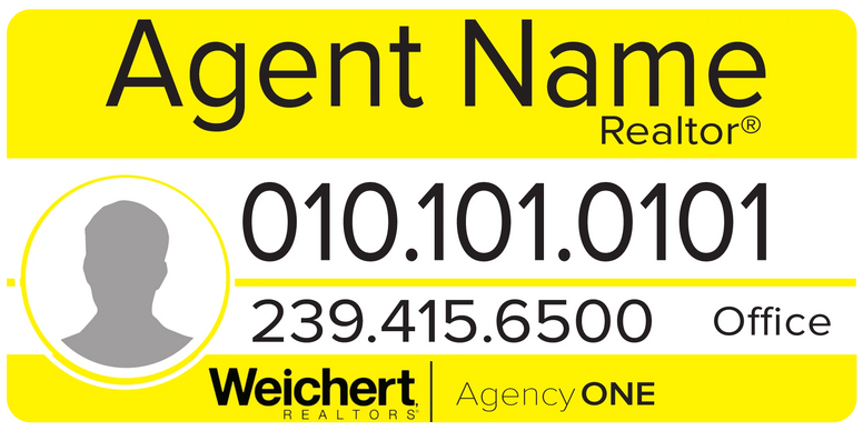 Real estate agent ID: yellow and white, headshot, name, phone, office contact, Weichert Agency ONE logo.