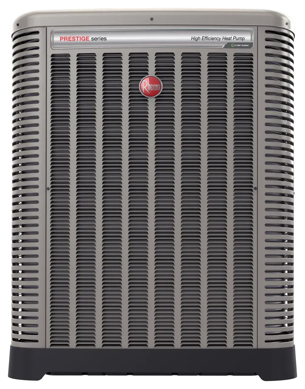 Gray Rheem air conditioner unit with a black base.